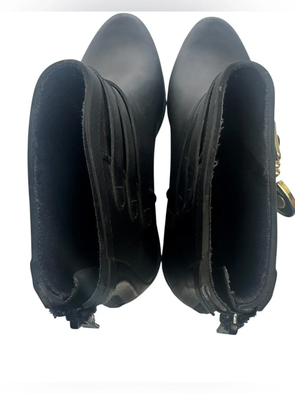 Loeffler Randall Fenton Rain Boot Black Gold Buckles Heeled Size 9